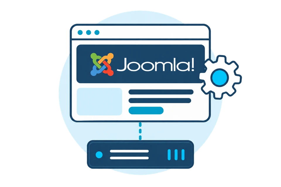 Joomla website connected to a managed server and maintenance gear.