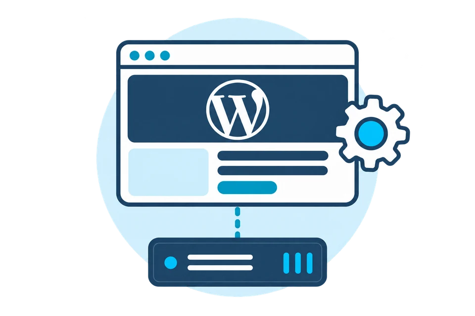 WordPress website connected to a managed server and maintenance gear.