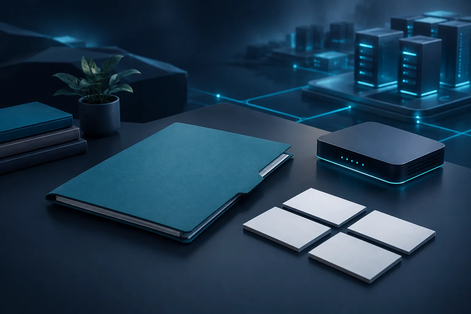 Unmarked folder and blank cards beside a network device on a desk.