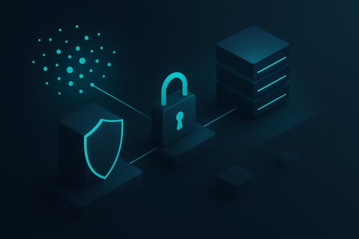 Shield and padlock connected to a server, illustrating website protection.