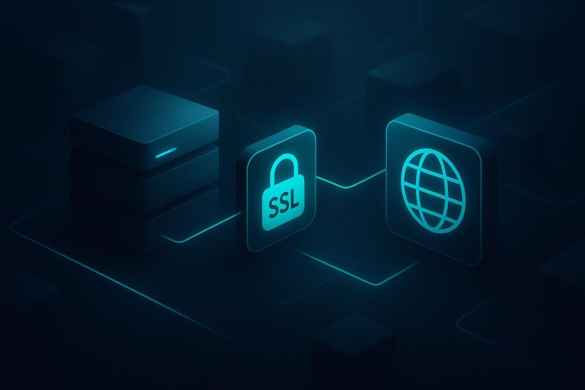 Server connected to an SSL padlock and globe, illustrating secure domain access.