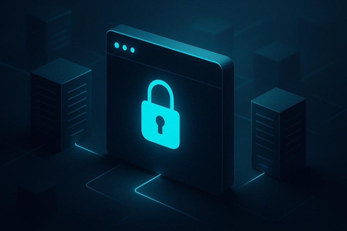 Padlock in a browser window connected to two server towers.