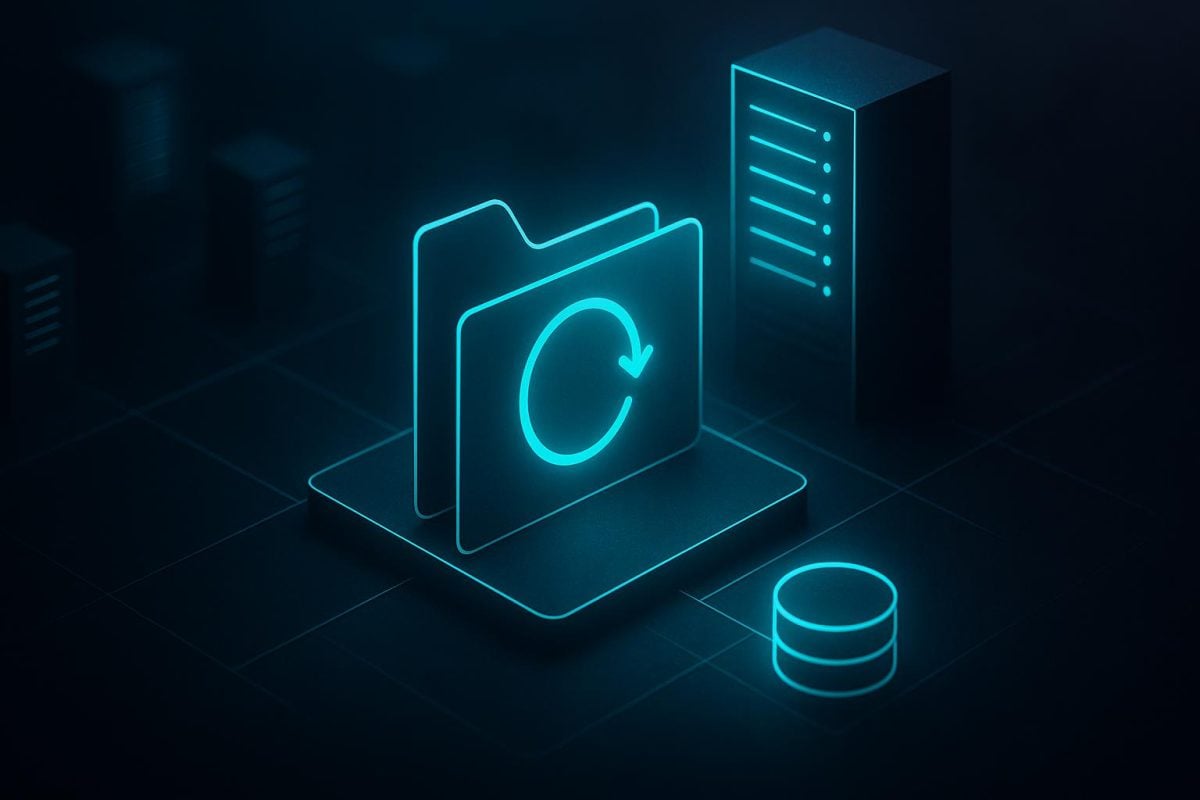 Backup folder with a restore arrow beside a server and database.