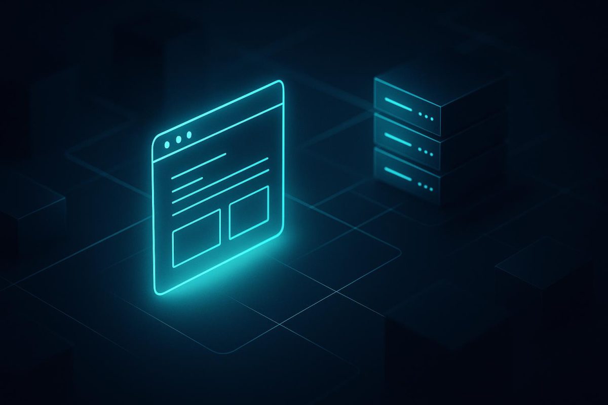 Website window connected to a server stack, representing application and server maintenance.