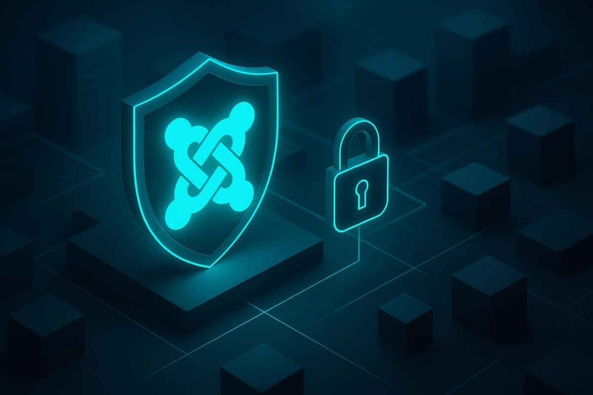 Joomla emblem inside a shield beside a padlock, illustrating website security.
