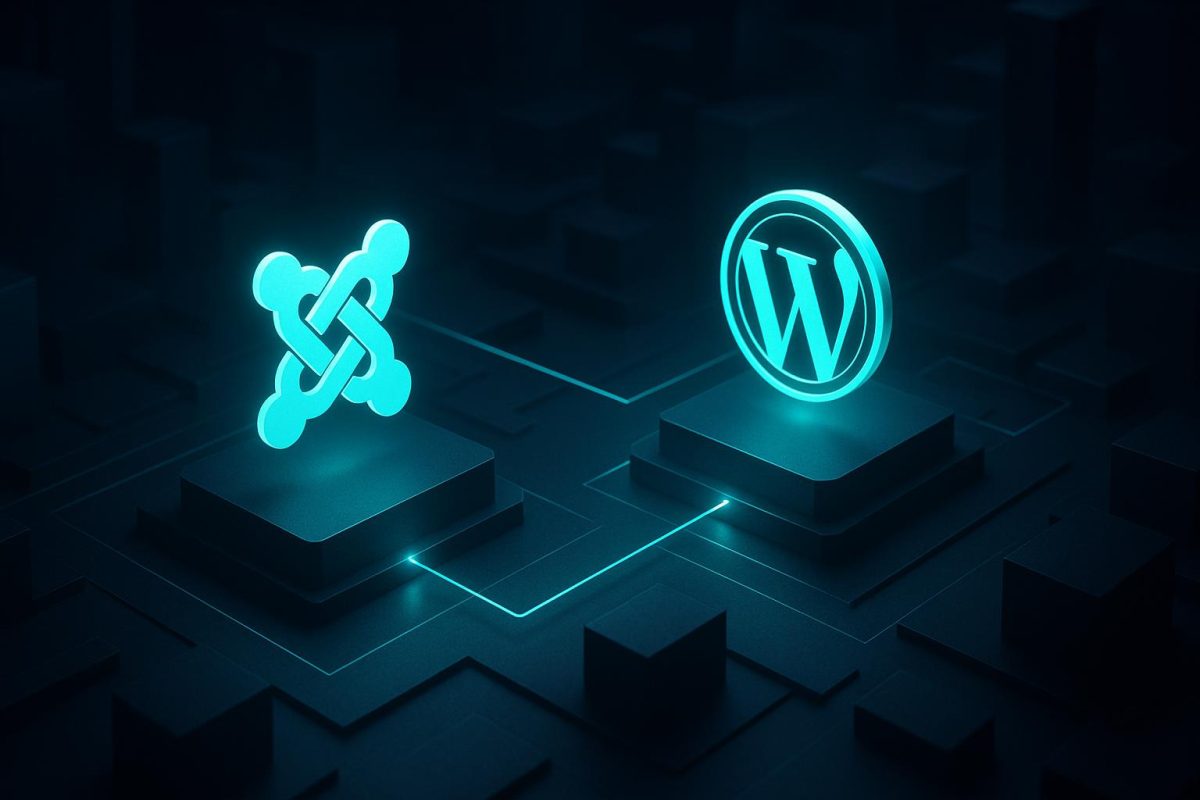 Joomla and WordPress emblems on separate connected platforms.