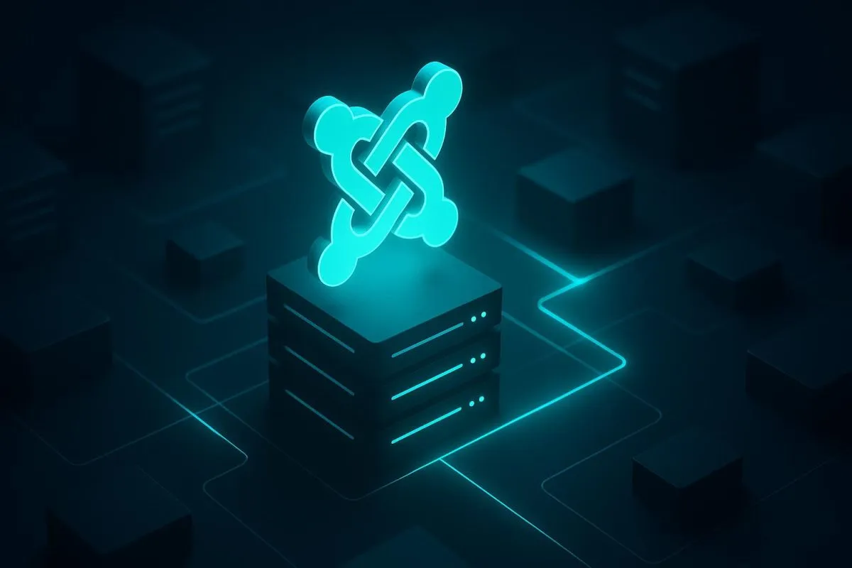 Joomla emblem above a server stack, illustrating managed Joomla hosting.