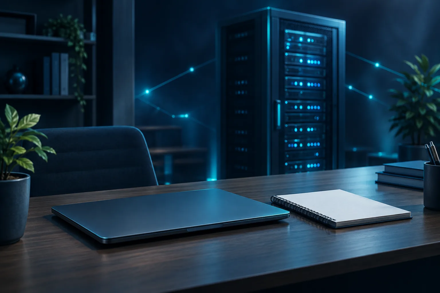 A closed laptop and blank notebook on a desk, with a server cabinet in the background.