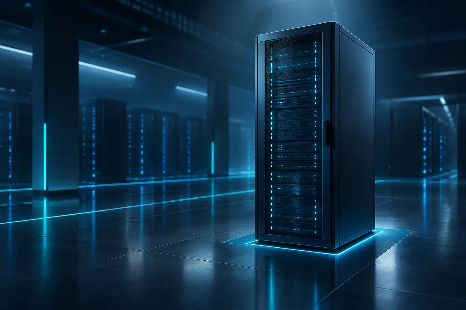 An orderly server cabinet in a softly lit server room.