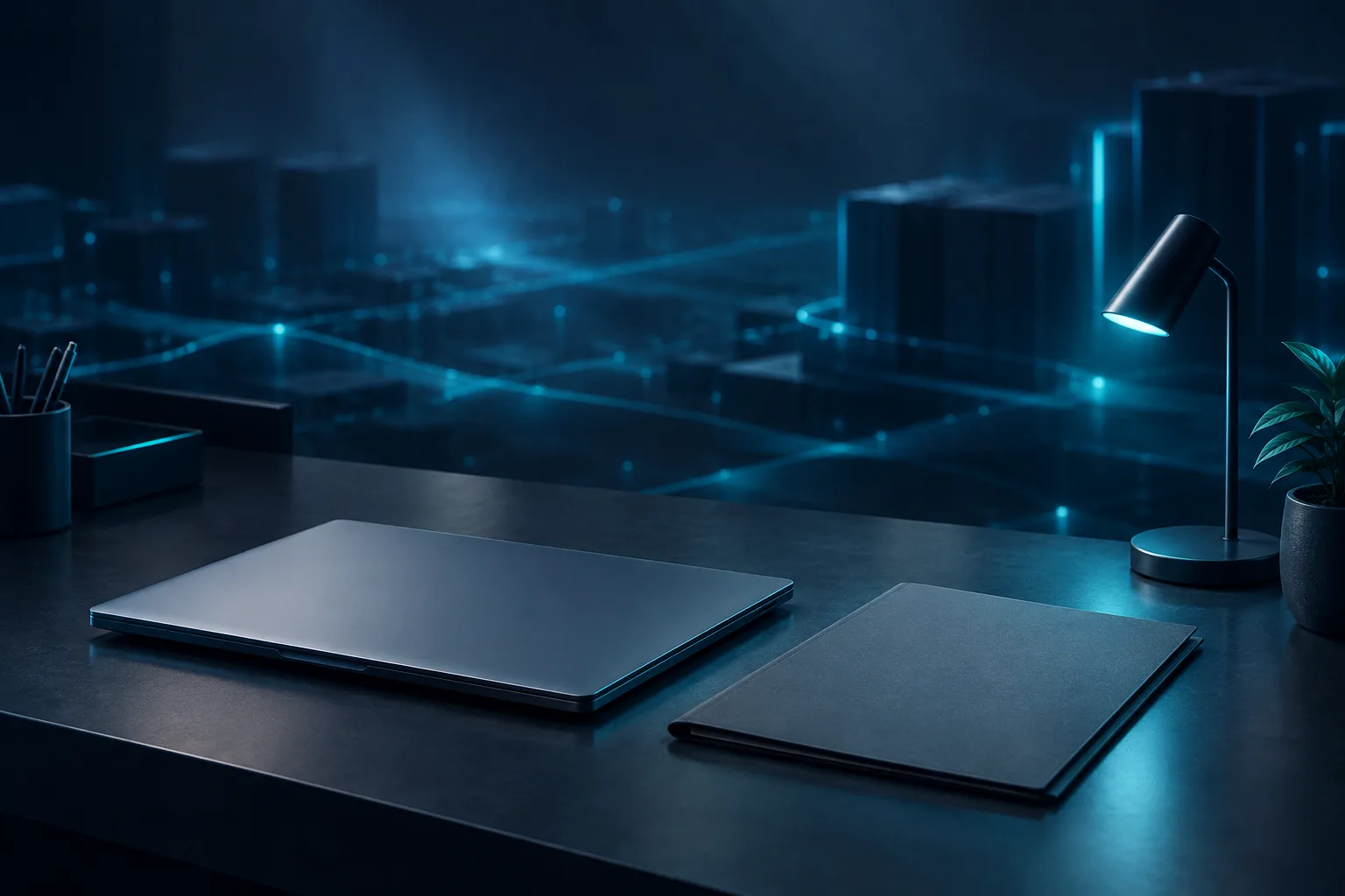 Closed laptop beside a plain folder on a tidy desk.