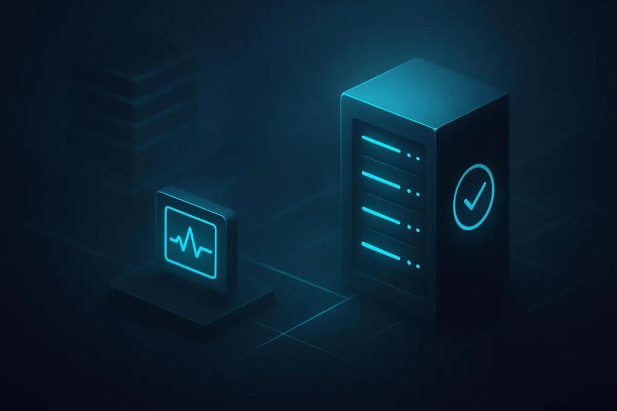 Status pulse and check mark beside a server, illustrating uptime monitoring.