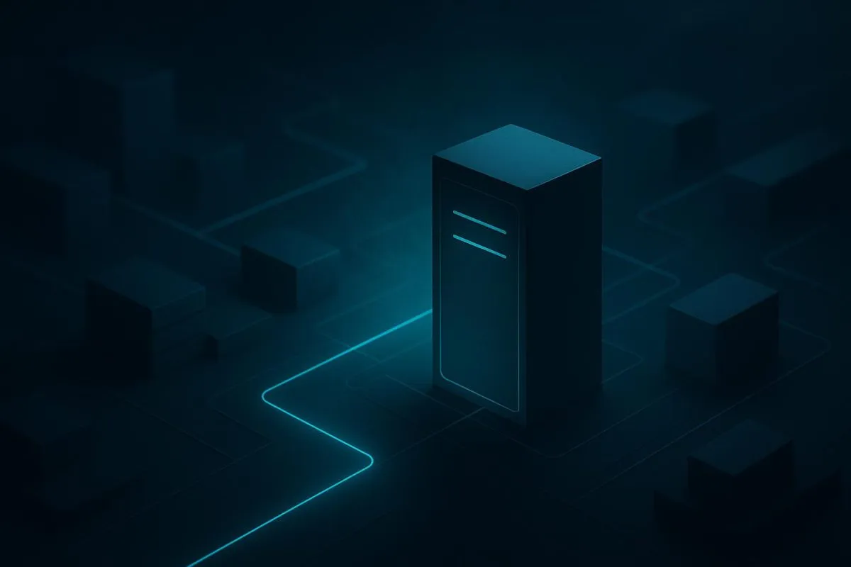 Server tower connected to a glowing network path.