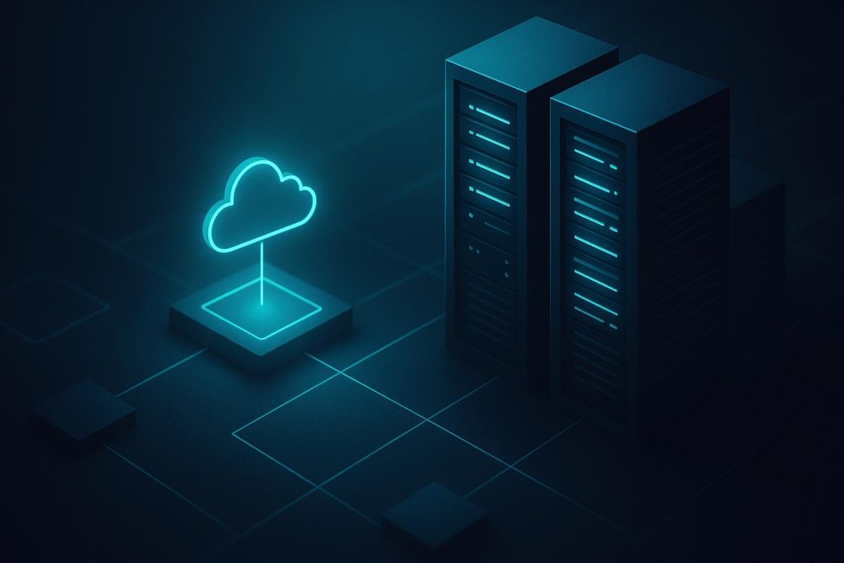 Cloud symbol connected to two server racks, illustrating managed cloud hosting.