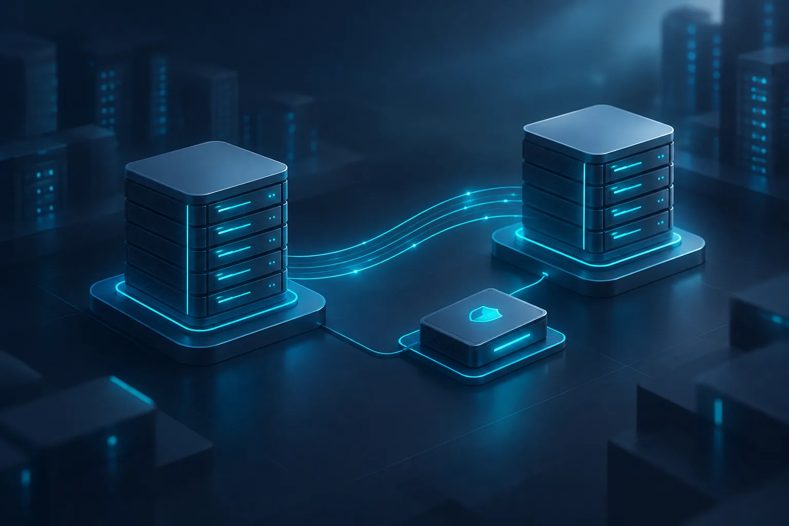 An abstract illustration of a website moving between two servers with a backup device nearby.