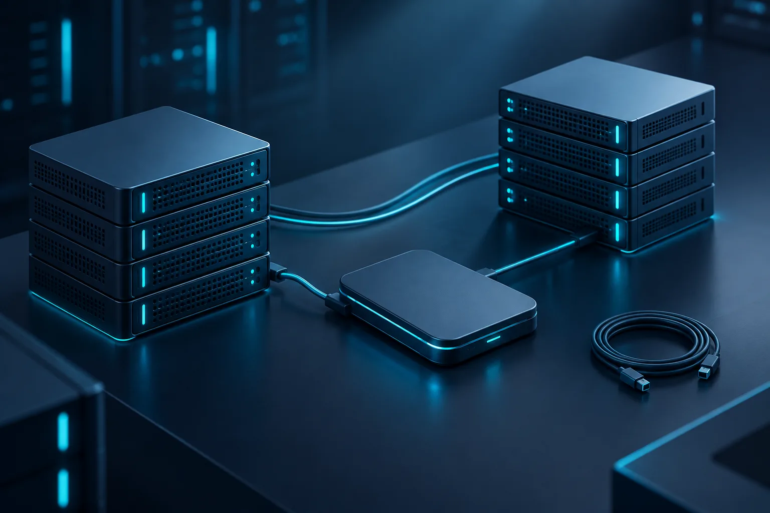 A backup drive and server equipment arranged on a clean desk.