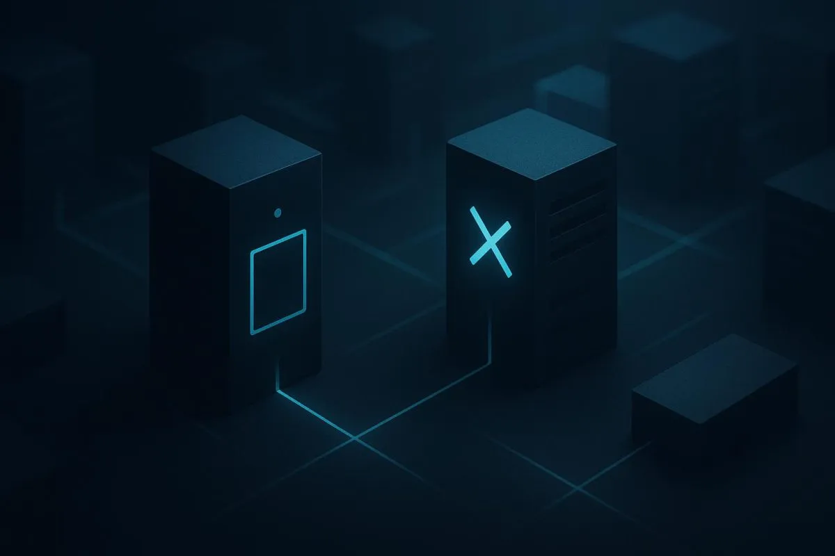 Two connected server towers, one marked with an X to represent blocked access.