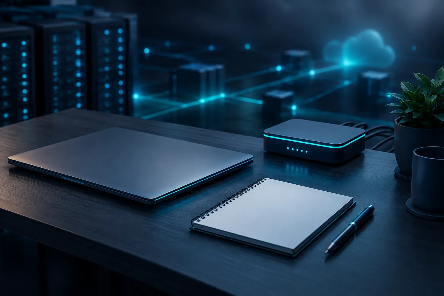 A laptop and network device on a small business desk in soft natural light.