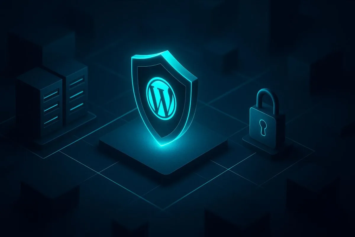 WordPress emblem inside a shield beside a padlock and server stack.
